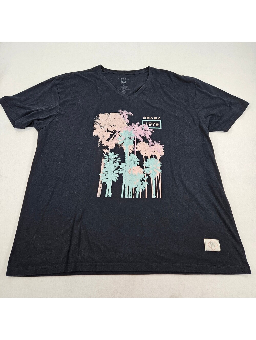 Kinetix Mens XXL V Neck T Shirt Black Palm Tree 1979 Graphic Japanese 2XL